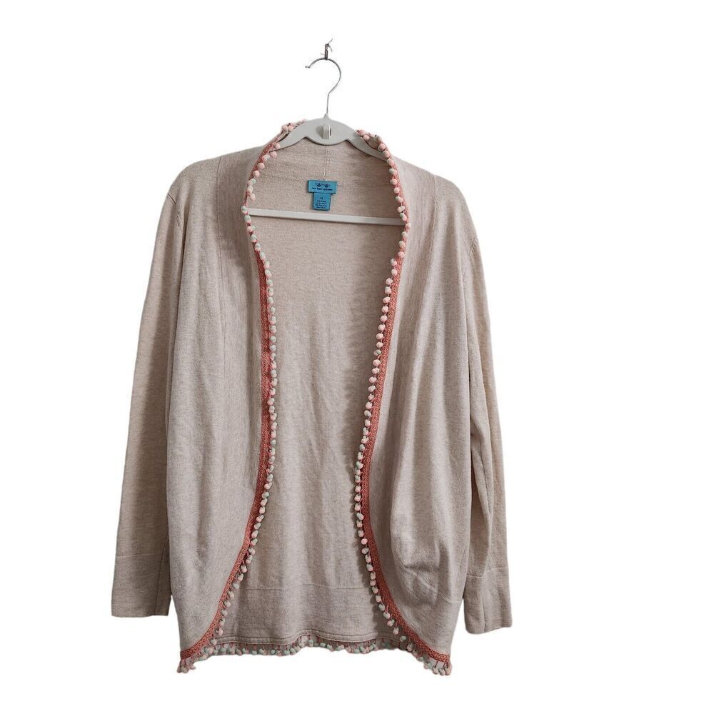 Two Bees Cashmere‎ Cardigan Medium Cream Fur Ball Tassel Edge Open Front Sweater